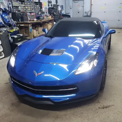 Blue Chevrolet Corvette at Hollywood Sound shop